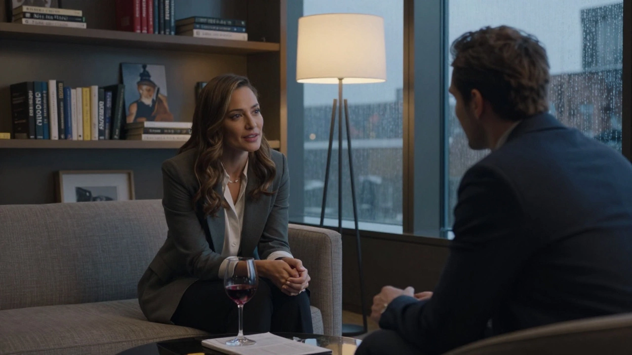 A thoughtful woman listens intently to a client in a luxurious London penthouse, surrounded by books and soft twilight light.