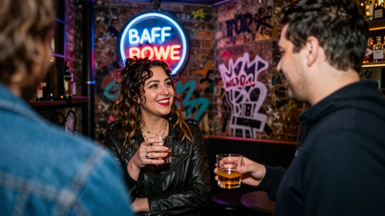 A woman and man laughing in a hidden East London speakeasy with neon lights.