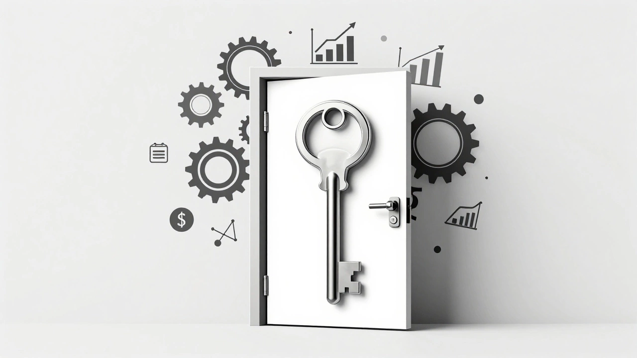 Abstract key unlocking business growth with digital icons floating around it.